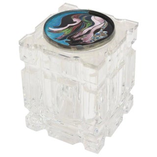 Vintage Lucite Box or Vessel Container With Foiled Enameled Abstract Cloisonne Top 70's For Sale