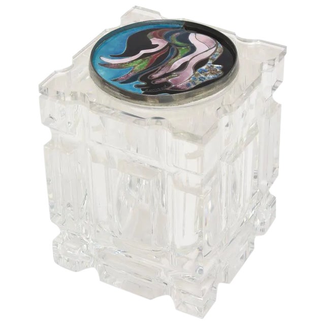 Vintage Lucite Box or Vessel Container With Foiled Enameled Abstract Cloisonne Top 70's For Sale