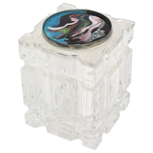 Vintage Lucite Box or Vessel Container With Foiled Enameled Abstract Cloisonne Top 70's