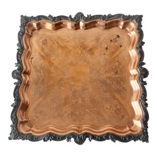 Vintage Ornate English Copper Pewter Square Engraved Platter Footed For Sale