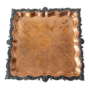Vintage Ornate English Copper Pewter Square Engraved Platter Footed