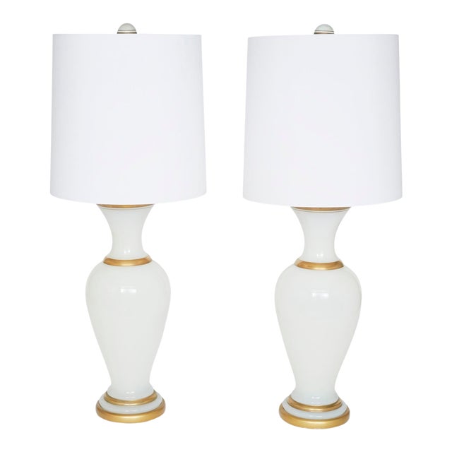 Early 20th Century Opaline Glass Gilt Gold Table Lamps - a Pair For Sale