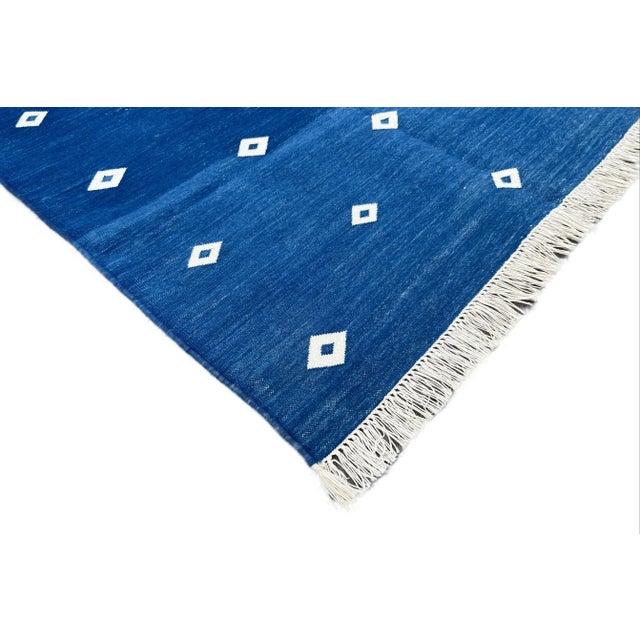 Not Yet Made - Made To Order Handmade Reversible Cotton Runner Rug Vegetable Dyed Blue and White Diamond Dhurrie Runner -3'x14' For Sale - Image 6 of 11