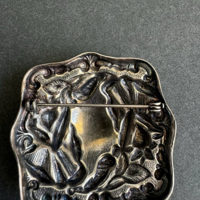 Metal Art Nouveau Sterling Silver Brooch Ornate Square Pin Vintage Antique Estate Jewelry For Sale - Image 7 of 11