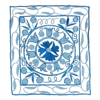 Silk Embroidery Silk Cushion Cover. Cream, Light Blue Suzani Pillowcase. 16"x18" For Sale