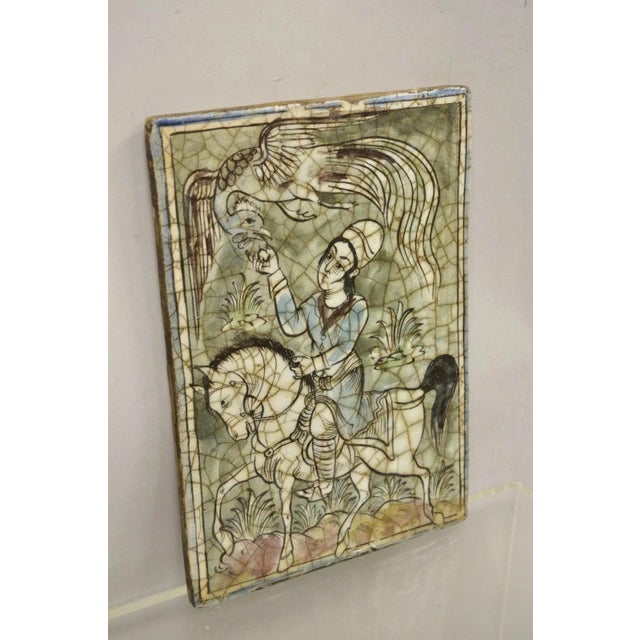 Antique Persian Iznik Qajar Style Ceramic Pottery Tile Light Blue Bird Rider C1 For Sale - Image 10 of 10