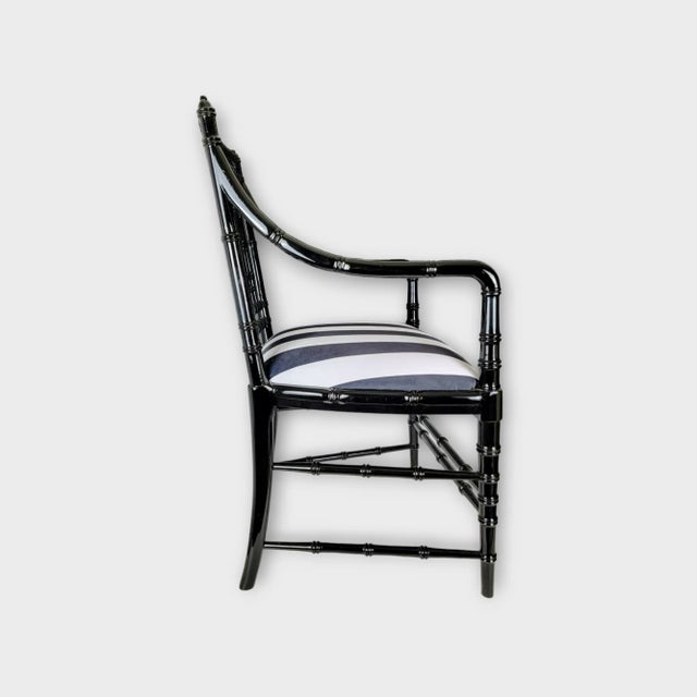 Modern 1950s Antique Faux Bamboo Armchairs in Black Lacquer and Striped Velvet Upholstery - Set of 2 For Sale - Image 3 of 13