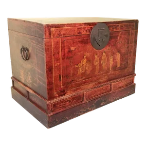 Antique Chinese Hand Painted Trunk, Red Lacquer, Circa 1800-1849
