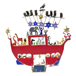 Modern Noah's Ark Cut Steel Judaica Art Hannukah Menorah Candelabra Sculpture For Sale