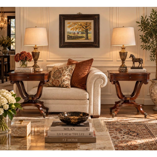 Elegant vintage mahogany side tables featuring distinctive sculptural curule-style cross bases and shaped tops accented...
