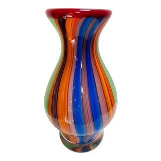 Vintage Millefiori Striped Italian Murano Attributed Heavy Glass Paperweight Vase For Sale