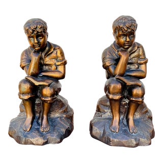 Pair of 1930s Boy Bookends, Bronze Finish For Sale