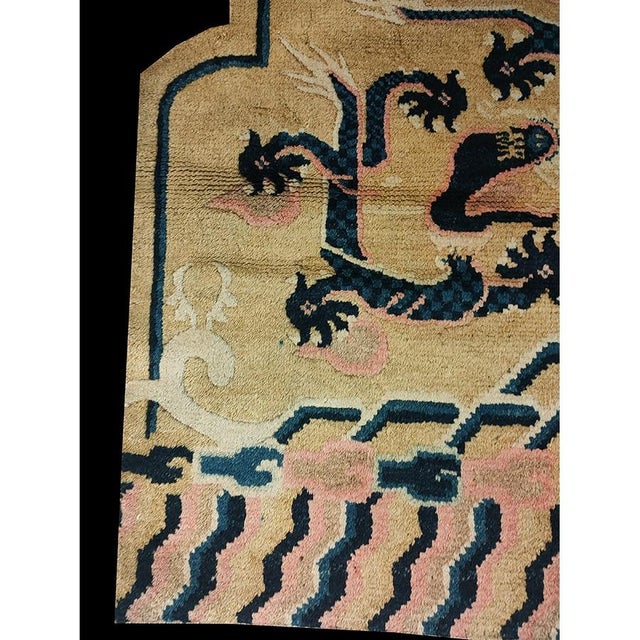 Chinese 1890s Antique Beige Dragon Ningxia Chinese Hand Knotted Pile Square Small Rug For Sale - Image 3 of 7