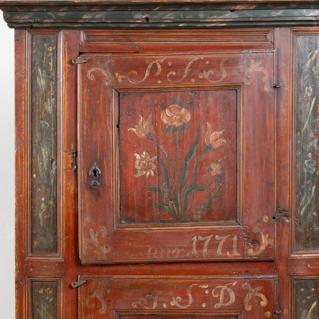 Original Hand Painted Swedish Pine Two Door Cupboard Cabinet Dated 1771 For Sale - Image 6 of 13