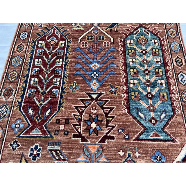 Kazak Style Handmade Wool Runner Rug in Terracotta and Blue For Sale - Image 6 of 9