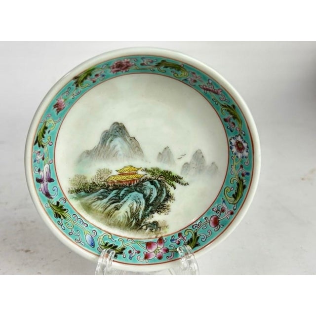 Vintage Hand-Painted Chinese Famille Rose Landscape & Turquoise Enamel Dish Set - Pair For Sale - Image 6 of 8
