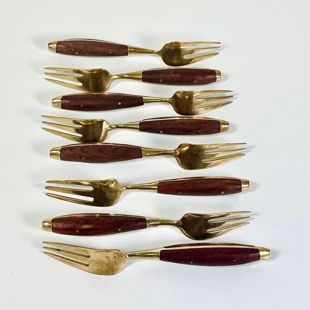 1950s Vintage Hollywood Regency Chinoiserie Appetizer-Dessert Brass & Rosewood Forks - Set of 8 For Sale - Image 9 of 10