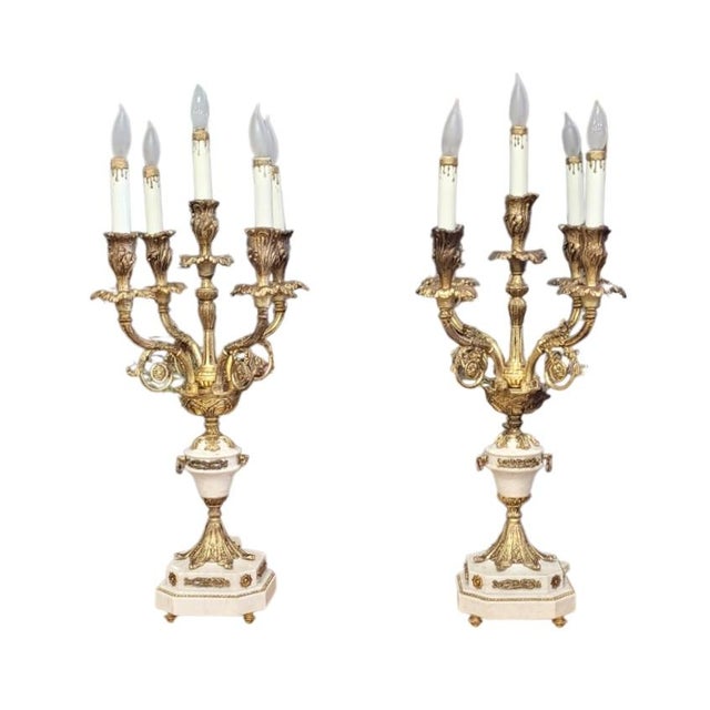 1950s Pair French Stone and Gilt Brass Candelabra Lamps For Sale - Image 16 of 16