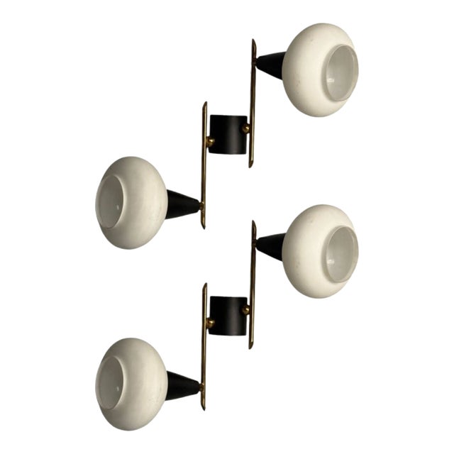 Italian Mid-Century Modern, Adjustable Wall Sconces, Brass, Opaline Glass, 1960s For Sale