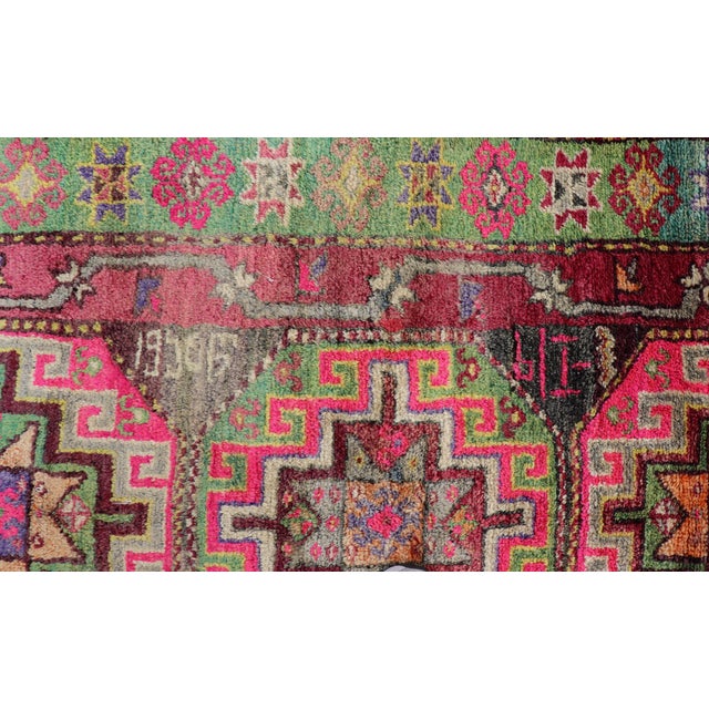Mid 20th Century Vintage Caucasian Kazak Rug With Triple Medallions in Pink and Green 3'10 X 7'0 For Sale - Image 5 of 12