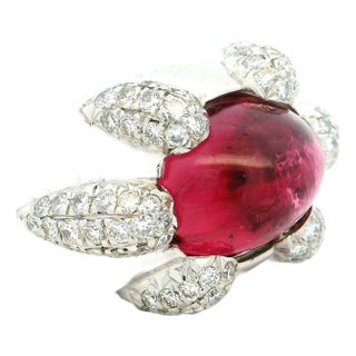 1970s Italian 18k White Gold Rubellite and Diamond Sculptural Statement Ring, Size 7 For Sale