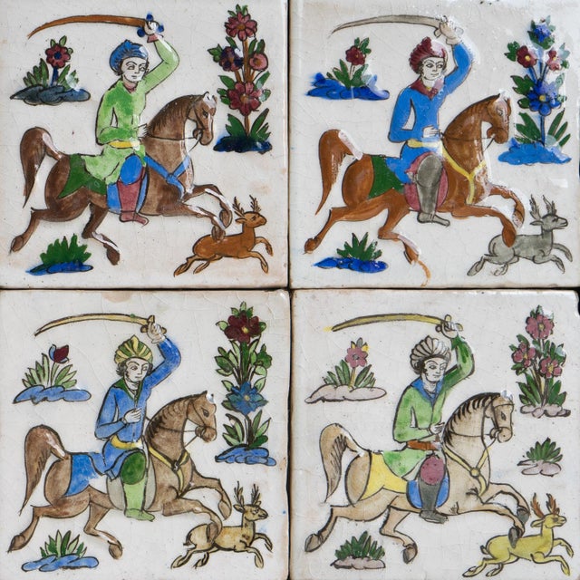 Persian Set of Six Antique Persian Qajar Tiles Depicting Hunters on Horseback, 19th Century For Sale - Image 3 of 14