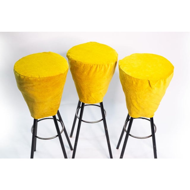 1960s Chrome Stools with Mustard Yellow Velvet, Set of 3 For Sale - Image 5 of 6