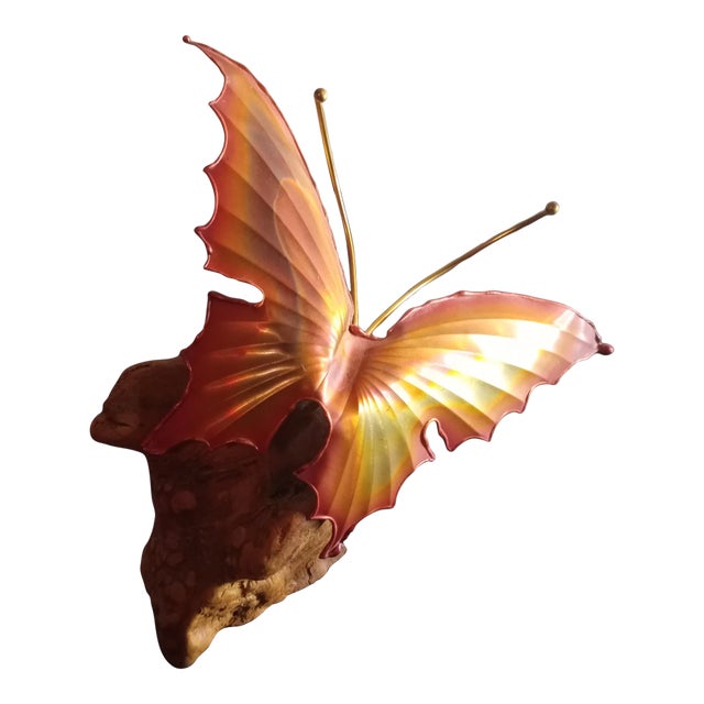 Brutalist Brass Butterfly on Driftwood Base Sculpture For Sale