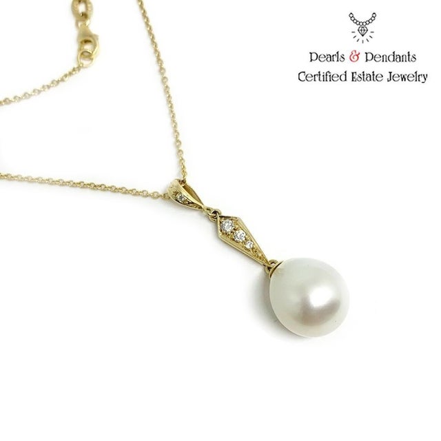 Italian Diamond South Sea Pearl Necklace 14k Gold Italy Certified For Sale - Image 3 of 7