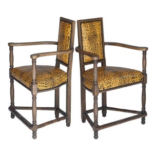 Pair of Vintage Wood Chairs With Stamped Leather Croc Pattern For Sale