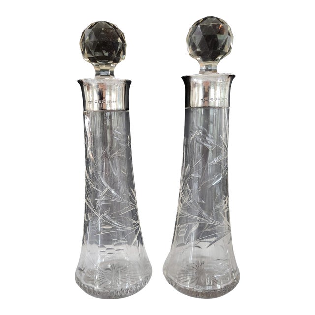 Antique English Sterling Silver & Cut Crystal Decanter Pair — 1899 Birmingham j.g & S Hallmarked, Etched Floral Pattern, Edwardian Bar Cart Accents For Sale