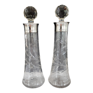Antique English Sterling Silver & Cut Crystal Decanter Pair — 1899 Birmingham j.g & S Hallmarked, Etched Floral Pattern, Edwardian Bar Cart Accents