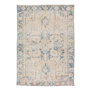 Beige Antique Persian Heriz Shabby Chic Handmade Wool Rug For Sale