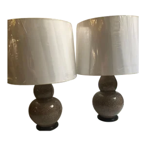Early 21st Century John Thompson Large Ceramic Double Gourd Vase Table Lamps with Shades - a Pair