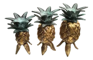 Vintage Brass Cast Iron Graduated Pineapple Candle Stick Holders- Set of 3