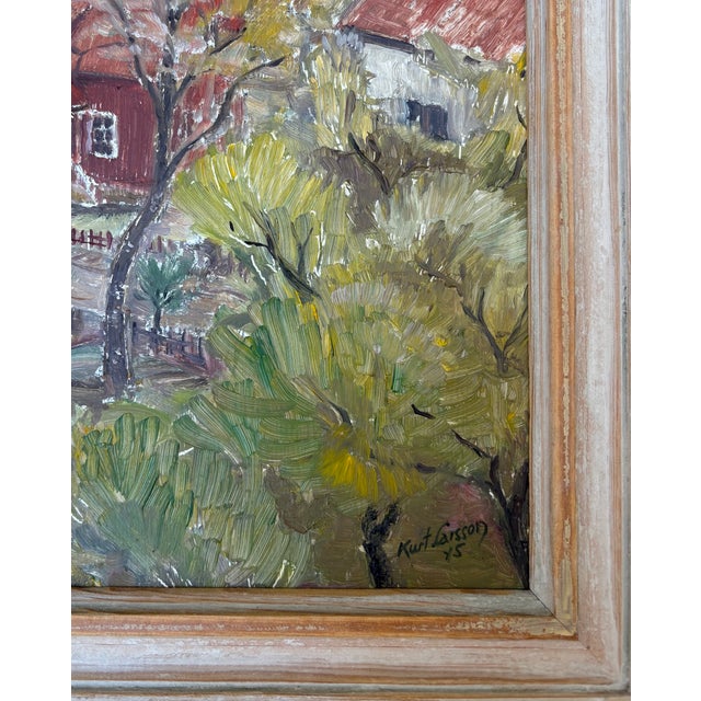 Very textural original oil painting with a variant of green tones and pop of red. Such a cool perspective looking down in...