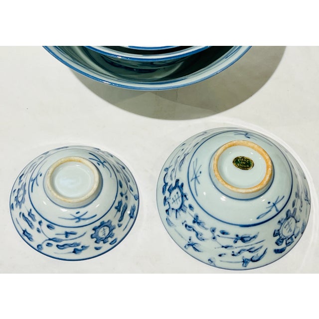 White Set of Five Vintage Blue and White Nesting Asian Serving Bowls For Sale - Image 8 of 10