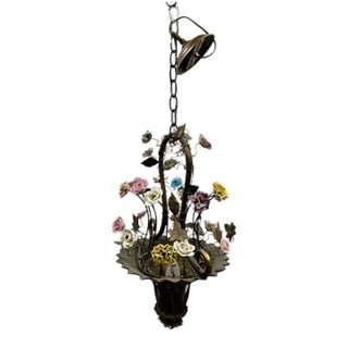 1960s French Cast Brass Basket Light With Original Porcelain Flowers. For Sale