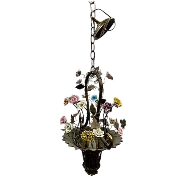 Small French Cast Brass Basket Light With Original Porcelain Flowers. For Sale