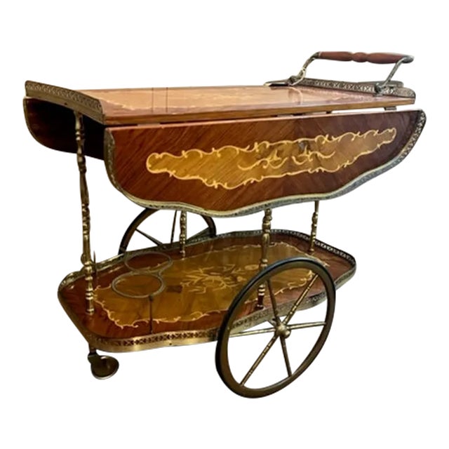 Mid 20th Century Italian Floral Marquetry and Brass Service Bar Cart Trolley For Sale