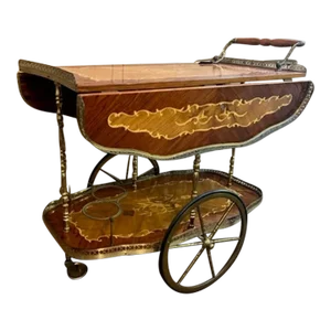 Mid 20th Century Italian Floral Marquetry and Brass Service Bar Cart Trolley