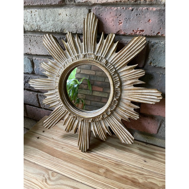 Vintage Mid Century 16.5" Creamy Giltwood Sunburst Wall Mirror For Sale - Image 17 of 18