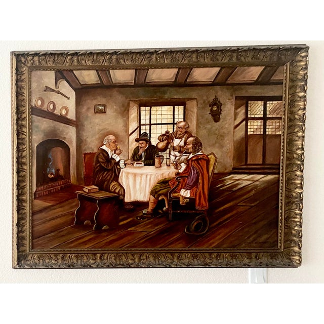 1940s Vintage 1943 Leota Humphrey Oil Painting on Board- Antique Dutch Tavern Scene - Ornate Gold Frame. For Sale - Image 5 of 18