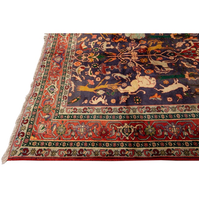 Vintage Shiraz Handmade Pictorial Designed Blue Wool Rug For Sale - Image 4 of 11
