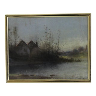 19th Century Hudson River School Style Pastel Drawing of a House by a River, Framed For Sale