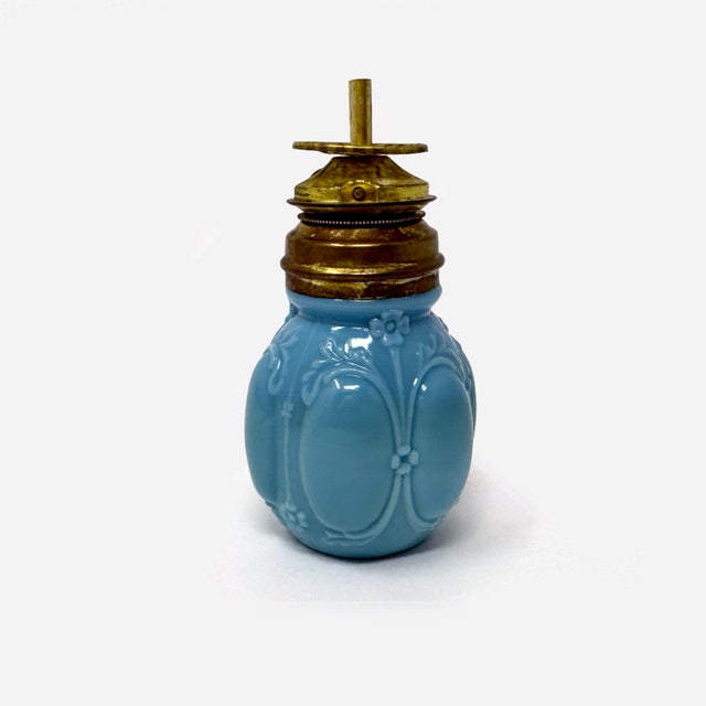 Antique Eapg Light Blue Milk Glass Miniature Oil Lamp Brass Burner For Sale - Image 4 of 7