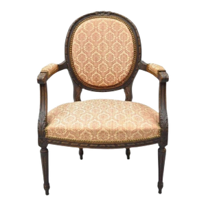 Antique French Louis XVI Style Bow Carved Walnut Fauteuil Fireside Arm Chair