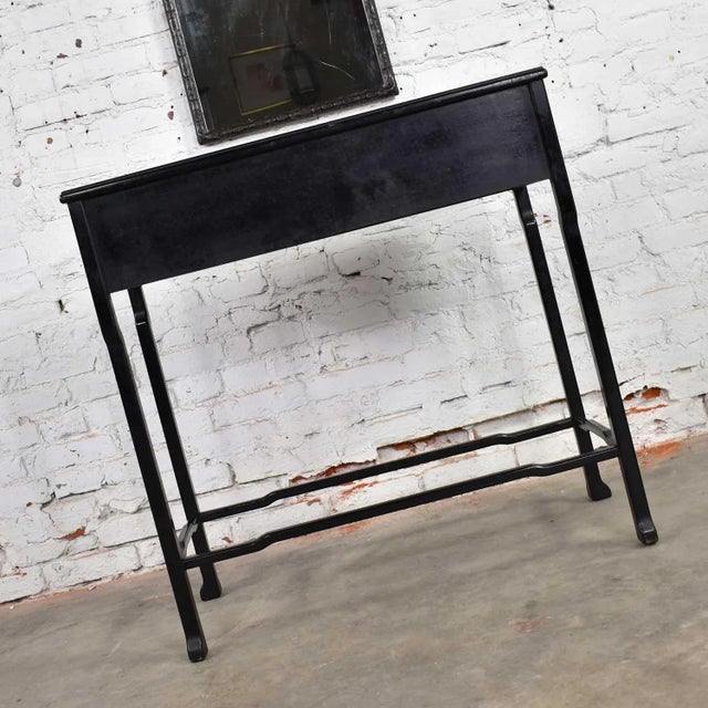 Black Early 20th Century Antique Lacquered Asian Console Table & Mirror with Hand Carved Lacquer Figures & Florals - a Pair For Sale - Image 8 of 13