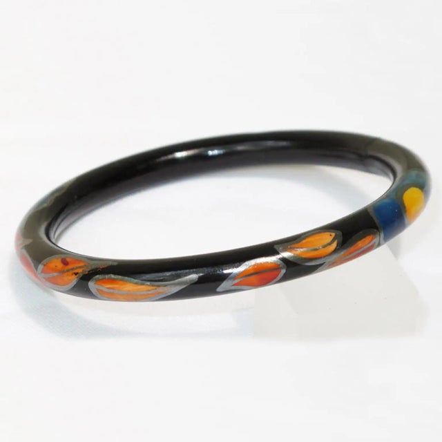 Art Deco Art Deco Black Celluloid Bracelet Bangle with Leaves Design For Sale - Image 3 of 7