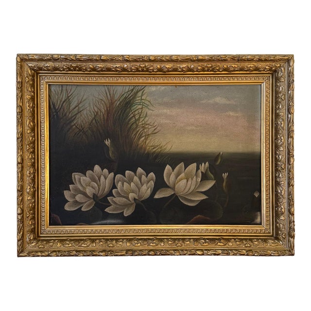 Antique Victorian Water Lily Painting in Gold Frame For Sale